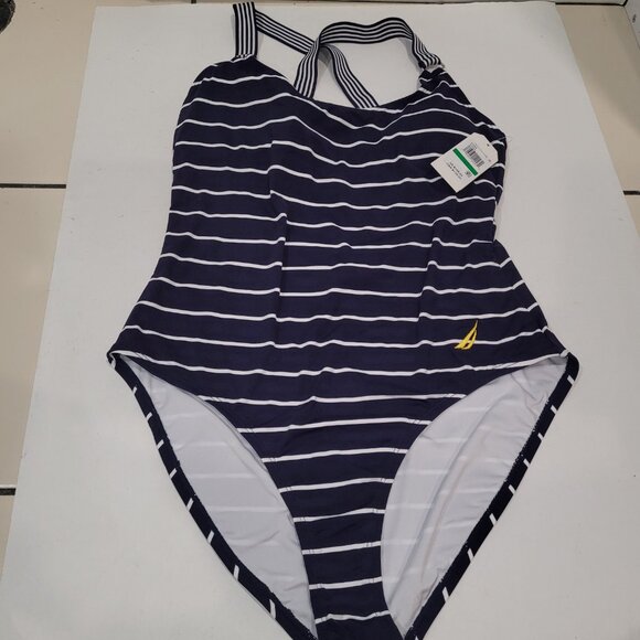 Nautica One Piece Swimsuit DeepSea Stripe Cross Back Straps Size L & XL New - Picture 9 of 15